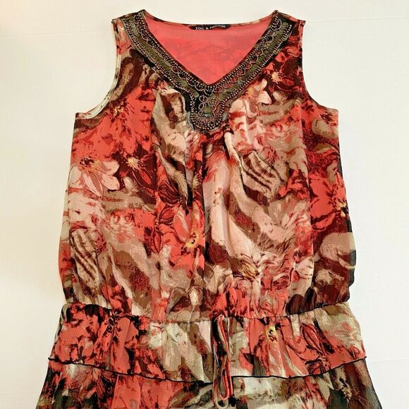 Zac & Rachel peach & brown sleeveless top beaded - Picture 3 of 8